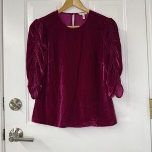 Rebecca Taylor Velvet Fuchsia Shirt Top Blouse Ruched Sleeves‎ Womens Size 00